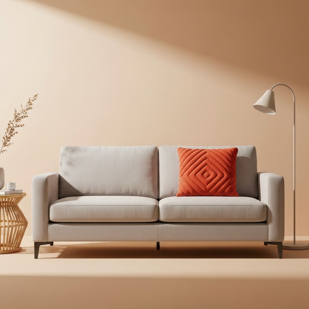 Модерен сив тросед со портокалова перница